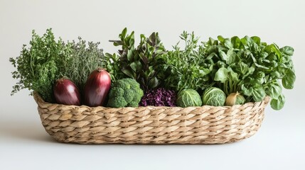 This stylish basket showcases an arrangement of fresh organic vegetables, herbs, and grains against a white background, emphasizing the farm-to-table concept.