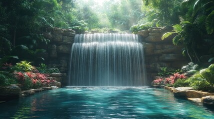 Serene jungle waterfall cascades into tranquil pool.