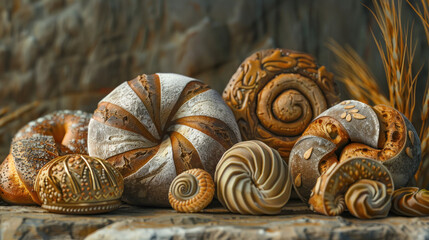 Experimental bread forms, unconventional designs, natural background, artisan bakery vibe, warm earthy tones