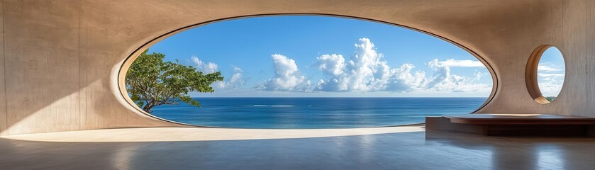 Obraz premium Circular window framing a tranquil ocean view, open architectural design, simplicity and serenity in space
