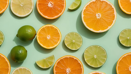 "Minimalist Composition of Halved Oranges, Lemons, and Limes Geometrically Arranged on a Pastel-Colored Background with Soft Shadows for Depth – Fresh and Vibrant Citrus Art Design"