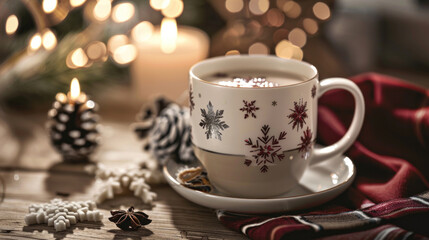 Festive mug with holiday decor, soft lighting and seasonal atmosphere, perfect for holiday promotions