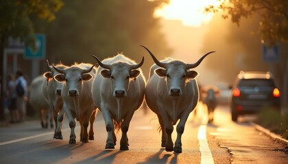 Vacas cruzando la calle en la ciudad
