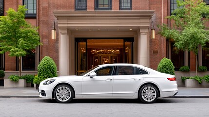 A sleek white car parked outside an elegant hotel entrance, surrounded by greenery and stylish architecture.