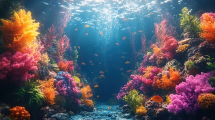 Fototapeta premium Vibrant coral reef, colorful fish, underwater scene.