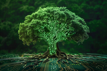 An artistic depiction of a tree with a canopy formed of glowing circuit patterns on a printed circuit board, symbolizing the fusion of nature and technology