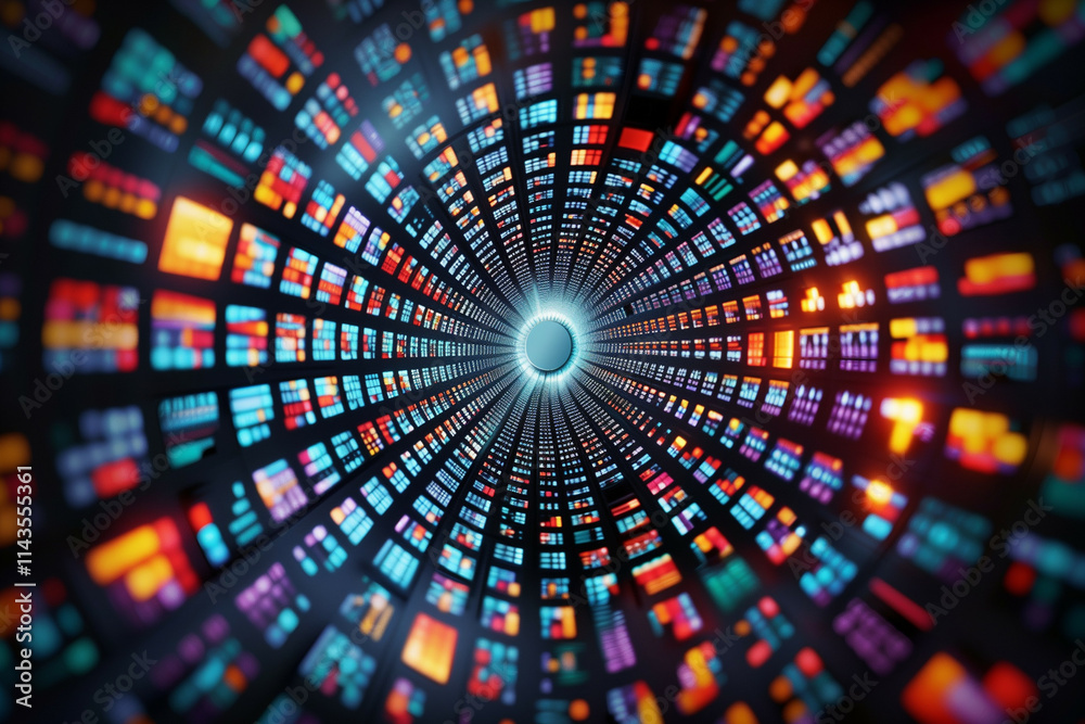 Wall mural futuristic digital tunnel with vibrant multicolored light panels creating an illusion of depth and s