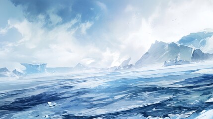 Frozen Arctic Serenity: A breathtaking panorama of glacial ice and majestic mountains under a vast, pale sky.