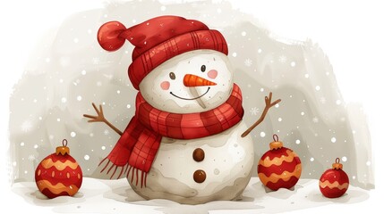 Fototapeta premium Cheerful snowman in red hat and scarf, with Christmas ornaments.