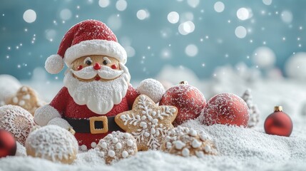 Christmas xmas or St. Nicholas Day celebration holiday greeting card - Christmas cookies and santa claus decoration and ornaments in snow, with snowy blue landscape in the background (Generative Ai)