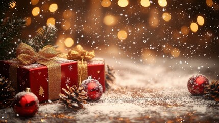 Chrismas decorations background with gifts, chrismas balls and snowflakes. Copy space for text. Good for banners