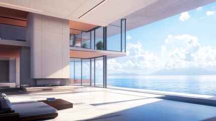 Modern luxury home interior with ocean view.