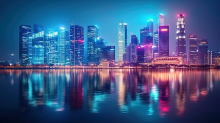 Fototapeta premium A vibrant cityscape with skyscrapers illuminated at night, their reflections shimmering on the water.