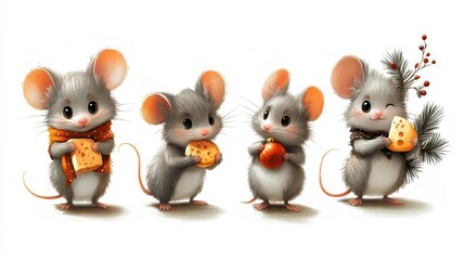 Obraz premium Six adorable cartoon mice in various poses, some holding cheese, others with a pine branch and ornament on white background. Perfect for holiday or food-related themes.