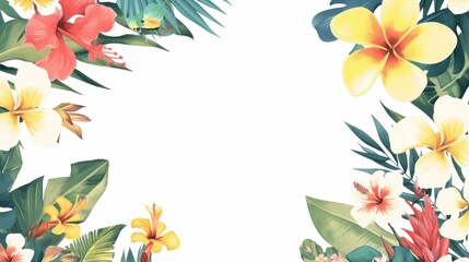 Obraz premium Vibrant tropical blooms frame a pristine white canvas, radiating summer's warmth and joy.