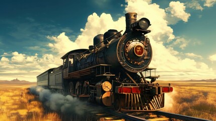 Fototapeta premium Majestic steam train journeys across a sun-drenched prairie, evoking nostalgia and adventure. A timeless image of travel.