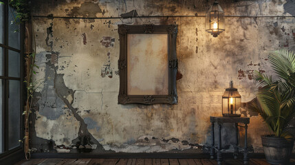 Frame on a weathered wall, warm lighting with rustic textures, ideal for old-fashioned posters