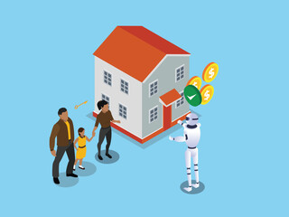 AI-Assisted Home Buying Concept with Family and Robot Interaction 3d isometric vector illustration
