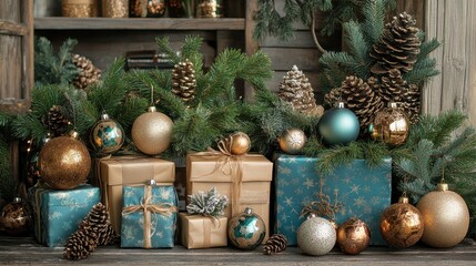 Festive Christmas gifts arranged beautifully with ornaments, pine branches, and decorative elements create joyful holiday atmosphere. Perfect for seasonal celebrations