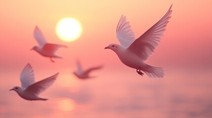 Fototapeta premium White doves soaring at sunset over ocean.