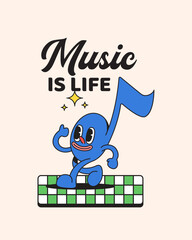 Notes Music Character walking and enjoy listening music podcast Poster Cartoon Retro Vintage Illustration