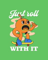 Energetic Orange Fruit Character on a Skateboard Poster Cartoon Retro Vintage Illustration Hand Drawn