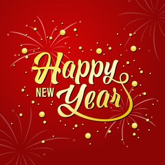 Vector image template for Happy New Year calligraphy text in gold with fireworks ornaments and red background