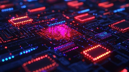 Obraz premium Abstract Digital Circuit Board with Neon Lights and Patterns