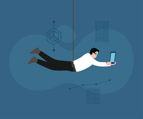 Man Flying with Laptop and Geometric Shapes 2d flat vector illustrations