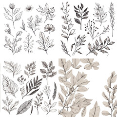 A beautiful collection of hand-drawn botanical illustrations featuring various flowers and leaves in black and beige tones, perfect for elegant designs, stationery, and nature-themed projects.