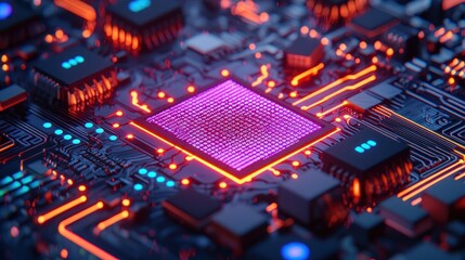 Obraz premium Abstract Close-Up of Modern Circuit Board with Colorful LED Lights