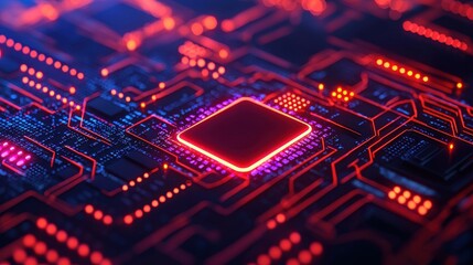 Fototapeta premium Futuristic Circuit Board with Neon Lighting in Deep Blue and Red