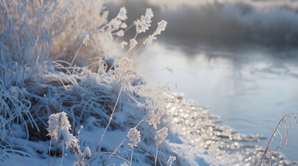 Frost and ice patterns along a frozen riverbank, delicate winter textures