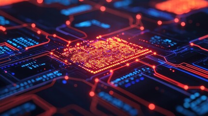 Obraz premium Futuristic Digital Circuit Board with Neon Lights and Data Flow