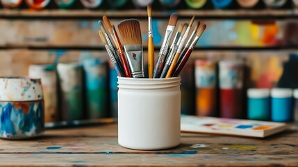 Artistic Workspace Display Featuring Paint Brushes in a Jar Surrounded by Colorful Paints and a Creative Layout for Inspiration