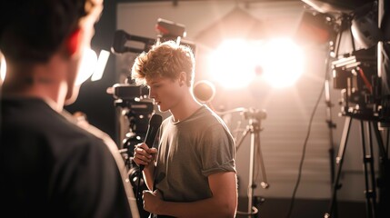 Fototapeta premium Journalist holding microphone conducting interview with celebrity in modern studio setting, capturing dynamic interaction and professional atmosphere.