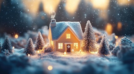 Fototapeta premium chrismas festive celebrate greeting backgroun of joyful house with snow flake and pine tree xmas theme decoration joyful and happiness ambient moment template design,ai generate