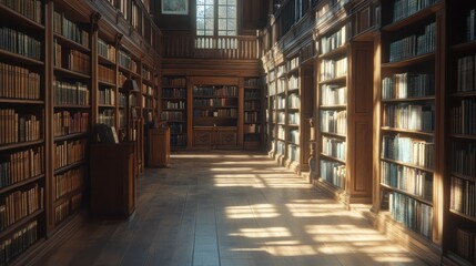 Sunbeams illuminate a long, wooden bookshelf-lined corridor in an old library, with the warm glow of natural light casting shadows on the wooden floor.