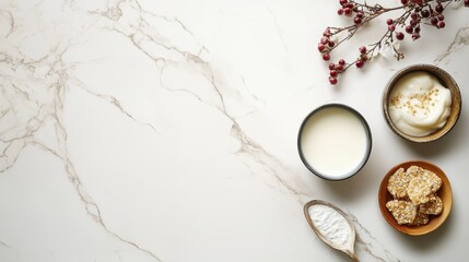 Dairy products on white marble background. Copy Space 