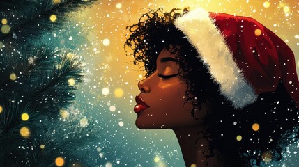 Fototapeta premium Woman wear santa hat with chrismas tree background