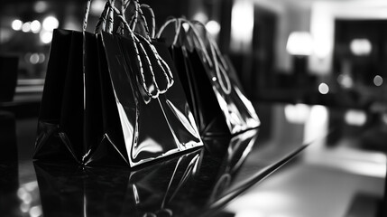 Shopping bags neatly arranged on a sleek counter, symbolizing the balance between consumerism and organization in modern retail environments.