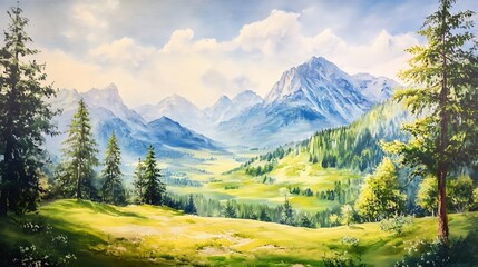 Lush mountain valley landscape oil painting, impressionist style art.. AI Generated