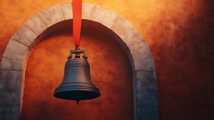 Obraz premium Dramatic Image of a Historic Bell Hangs Silently in an Archway, Highlighting Textures and Colors of the Surrounding Wall in a Captivating Composition