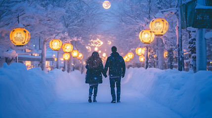 "A romantic couple walking through a snow-covered pathway at the Sapporo Snow Festival, with glowing lanterns and snowflakes falling gently, 