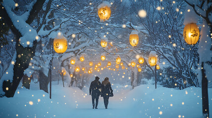 "A romantic couple walking through a snow-covered pathway at the Sapporo Snow Festival, with glowing lanterns and snowflakes falling gently, 