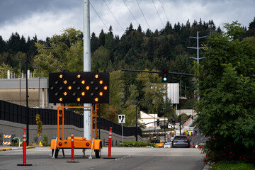 Sequential Chevron, Move/Merge Right sign, temporary wheeled lighted traffic sign, orange closed...