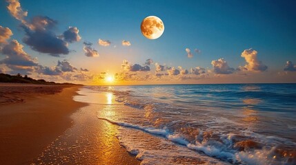 Obraz premium Breathtaking sunset over a picturesque tropical beach with crashing waves golden sand and a glowing full moon rising in the serene ethereal twilight sky This coastal landscape offers a stunning