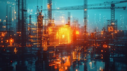 Obraz premium Futuristic digital construction site with cranes and holographic energy data visualization