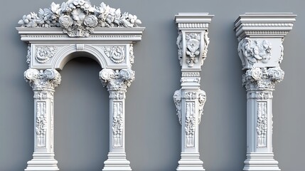 Naklejka premium Ornate white sculpted pillars digital 3D render abstract style. AI Generated