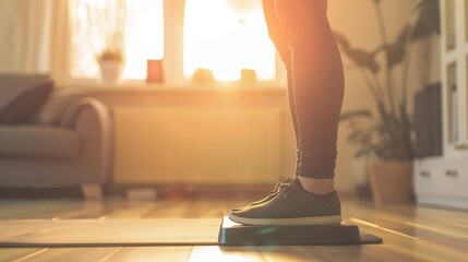 Person performing step exercise on wooden floor with focus on balance and movement, fitness and agility training concept.